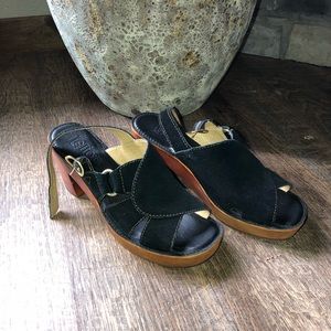 Black leather heels with wooden looking sole